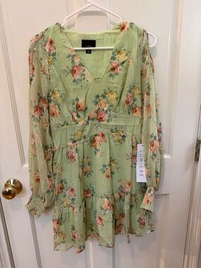 Lumiere Light Green Floral Tiered Mini Dress